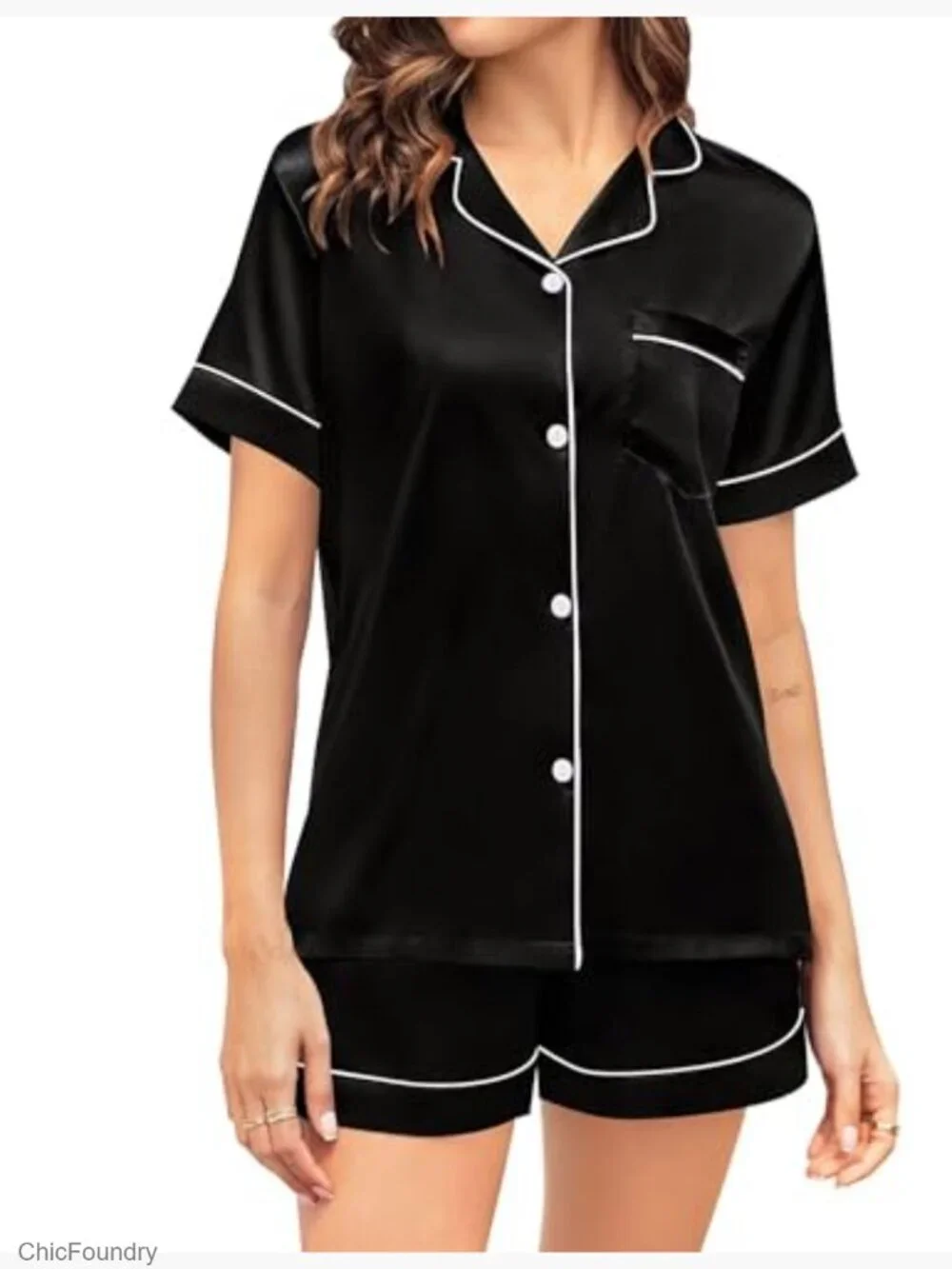 Silk Satin Pajama Set Button Down Short Sleeve & Shorts